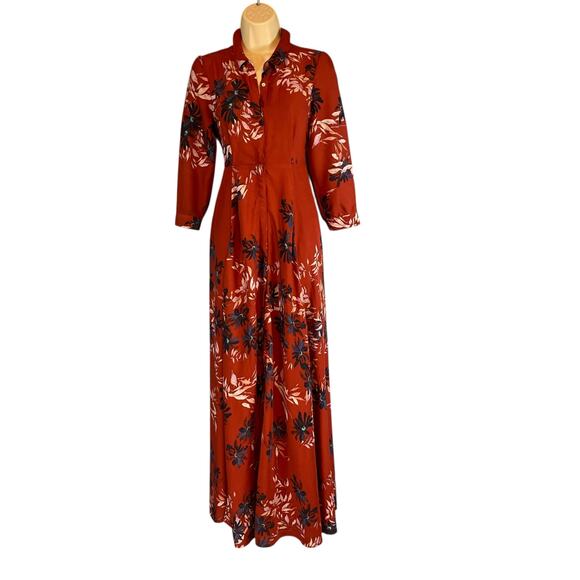 Free People After The Storm Brick Red Floral Maxi Shirt Dress Size 0 - Picture 4 of 11